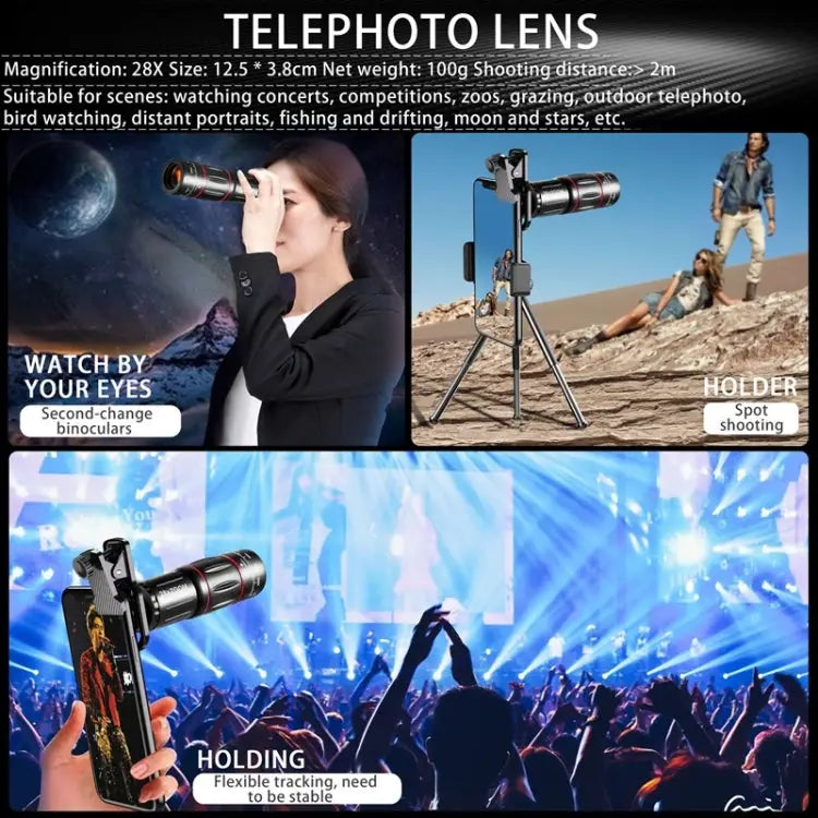 Mobile Phone Universal Lens Telescope 28X + Wide Angle 0.6X + Macro 20X + Fisheye 198 Degree Set Multi-combination Set