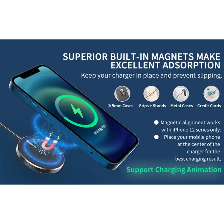 Mriowiz M-2001W 15W Desktop MagSafe Magnetic Wireless Charger for iPhone 12 Series with USB + USB-C / Type-C Data Cable