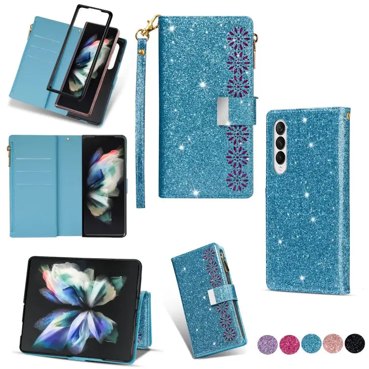 Multi-card Slots Laser Carving Glitter Zipper Leather Case For Samsung Galaxy Z Fold 4 - For Samsung Galaxy Z Fold 4