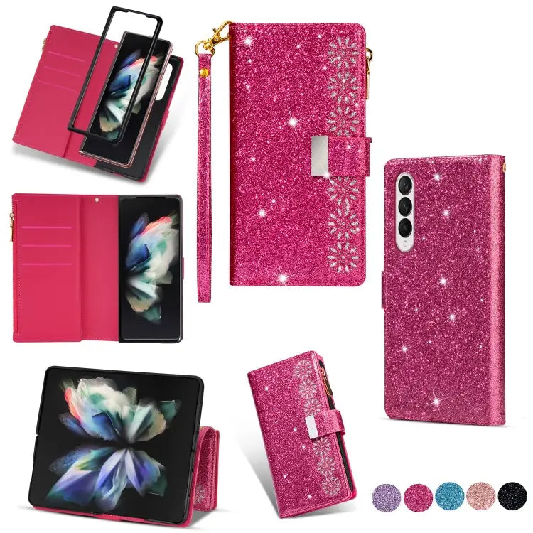 Multi-card Slots Laser Carving Glitter Zipper Leather Case For Samsung Galaxy Z Fold 4 - For Samsung Galaxy Z Fold 4