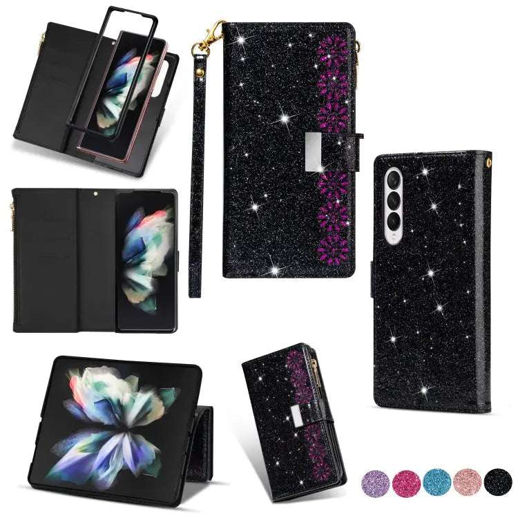 Multi-card Slots Laser Carving Glitter Zipper Leather Case For Samsung Galaxy Z Fold 4 - For Samsung Galaxy Z Fold 4