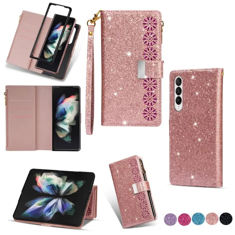 Multi-card Slots Laser Carving Glitter Zipper Leather Case For Samsung Galaxy Z Fold 4 - For Samsung Galaxy Z Fold 4