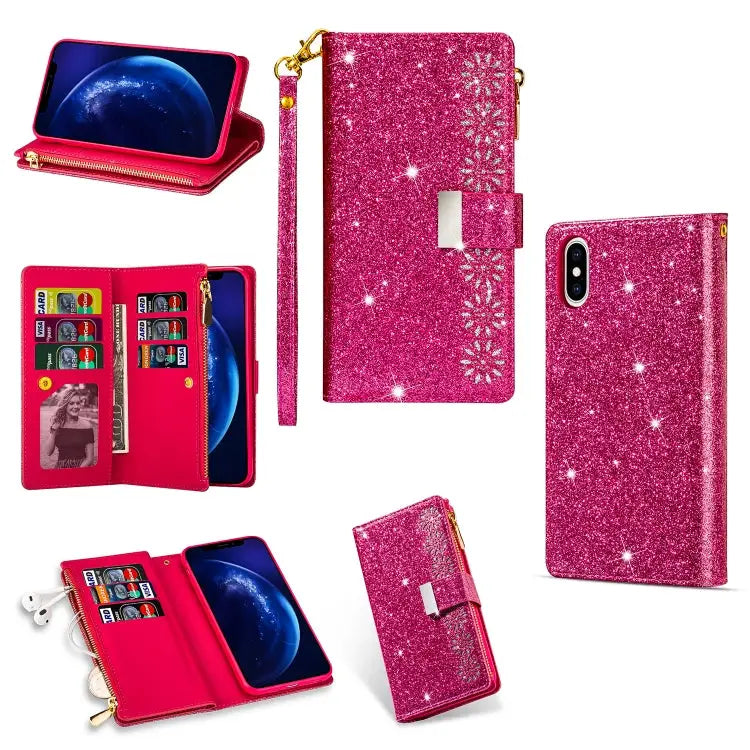 Multi-card Slots Starry Sky Laser Carving Glitter Zipper Horizontal Flip Leather Case with Holder & Wallet & Lanyard