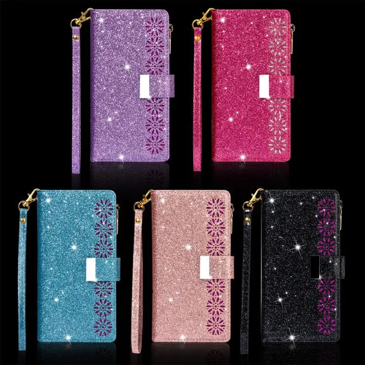 Multi-card Slots Starry Sky Laser Carving Glitter Zipper Horizontal Flip Leather Case with Holder & Wallet & Lanyard