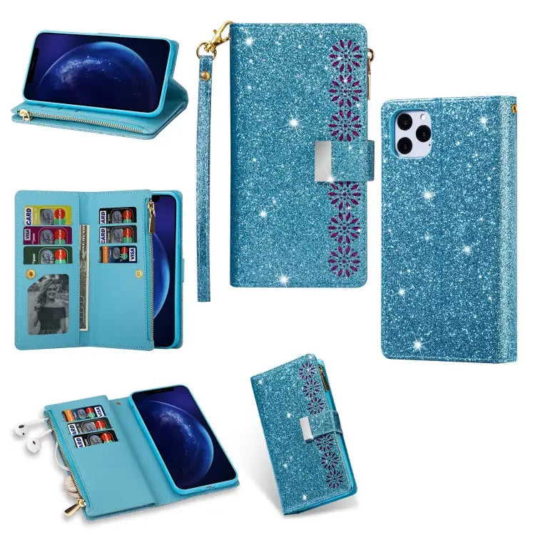 Multi-card Slots Starry Sky Laser Carving Glitter Zipper Horizontal Flip Leather Case with Holder & Wallet & Lanyard