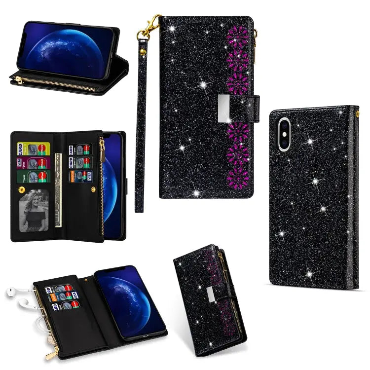 Multi-card Slots Starry Sky Laser Carving Glitter Zipper Horizontal Flip Leather Case with Holder & Wallet & Lanyard