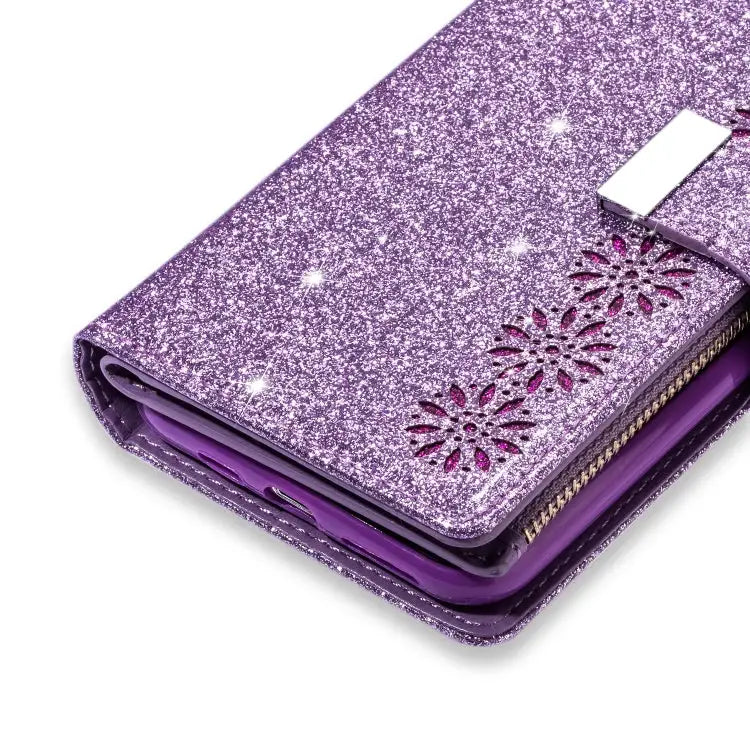 Multi-card Slots Starry Sky Laser Carving Glitter Zipper Horizontal Flip Leather Case with Holder & Wallet & Lanyard