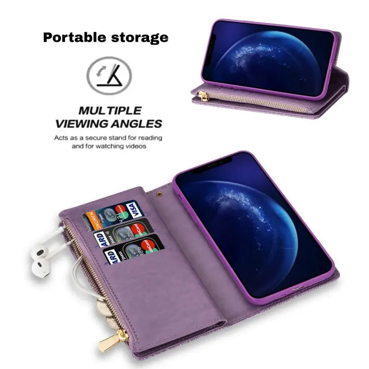 Multi-card Slots Starry Sky Laser Carving Glitter Zipper Horizontal Flip Leather Case with Holder & Wallet & Lanyard