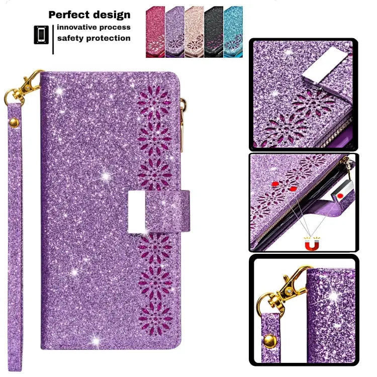 Multi-card Slots Starry Sky Laser Carving Glitter Zipper Horizontal Flip Leather Case with Holder & Wallet & Lanyard