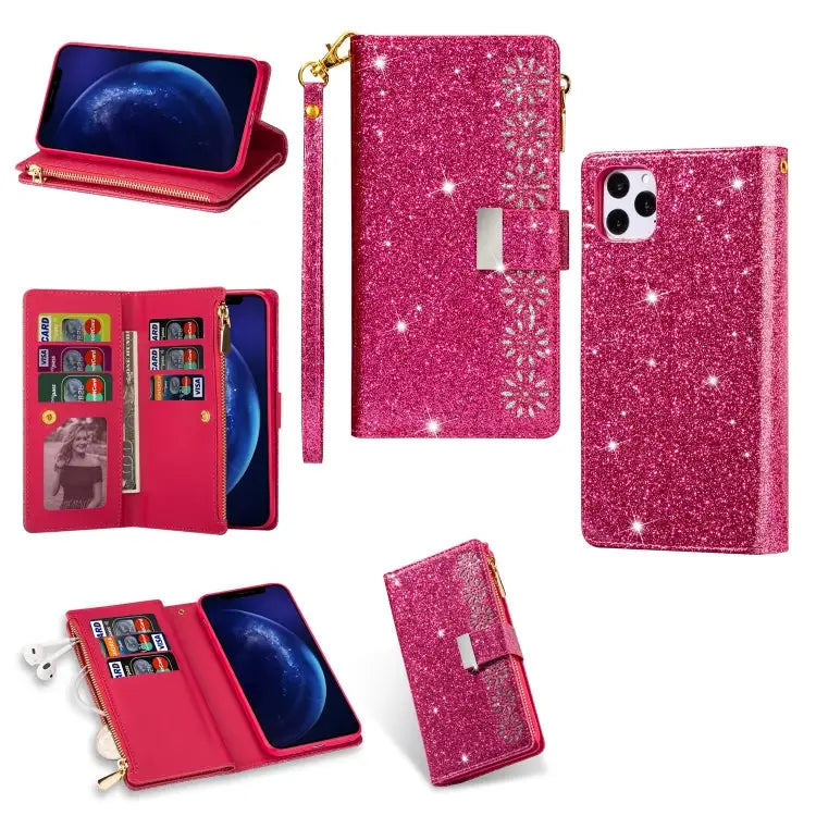 Multi-card Slots Starry Sky Laser Carving Glitter Zipper Horizontal Flip Leather Case with Holder & Wallet & Lanyard