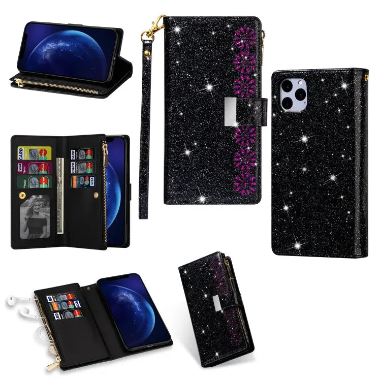 Multi-card Slots Starry Sky Laser Carving Glitter Zipper Horizontal Flip Leather Case with Holder & Wallet & Lanyard