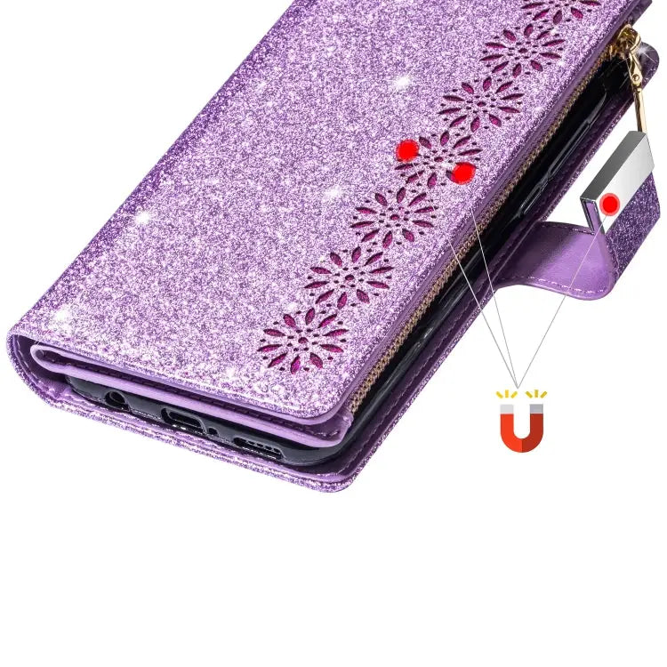 Multi-card Slots Starry Sky Laser Carving Glitter Zipper Horizontal Flip Leather Case with Holder & Wallet & Lanyard