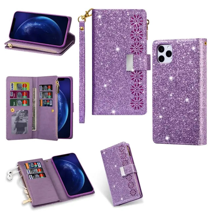 Multi-card Slots Starry Sky Laser Carving Glitter Zipper Horizontal Flip Leather Case with Holder & Wallet & Lanyard