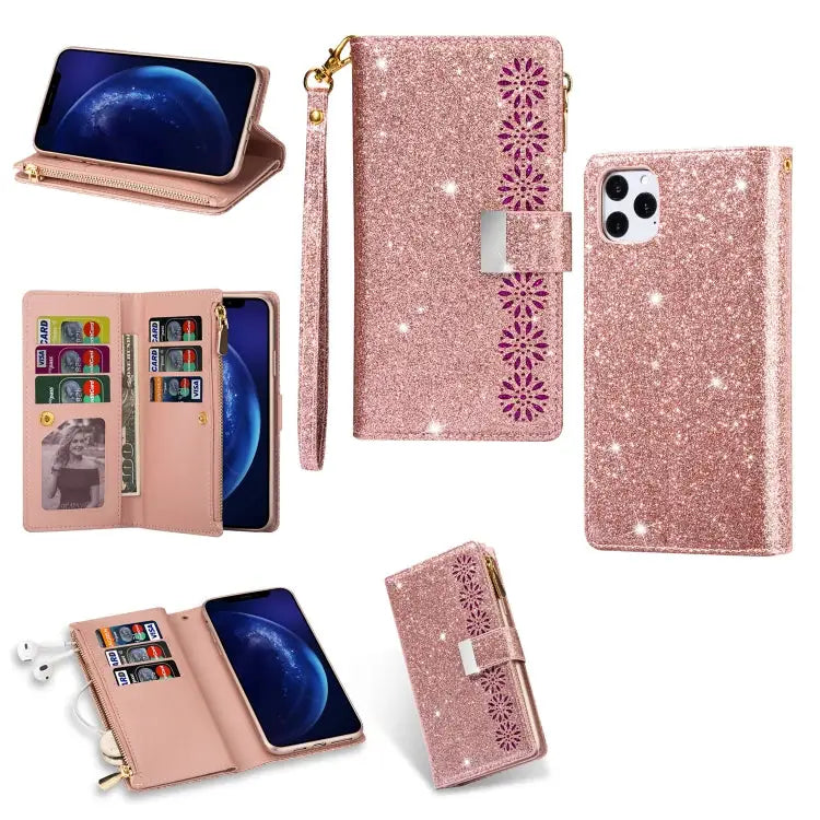 Multi-card Slots Starry Sky Laser Carving Glitter Zipper Horizontal Flip Leather Case with Holder & Wallet & Lanyard