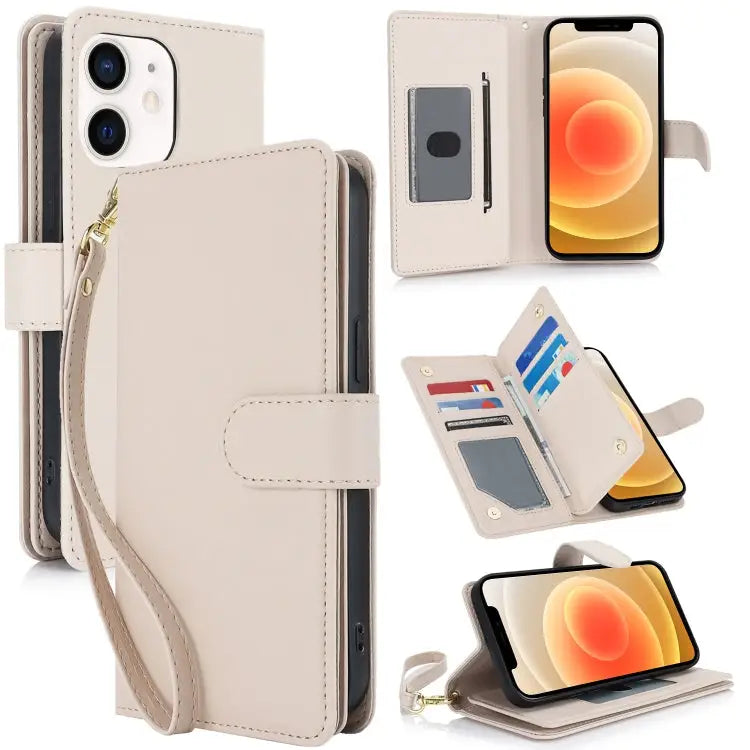 Multi-Card Wallet RFID Leather Phone Case - For iPhone 12 / 12 Pro / Apricot