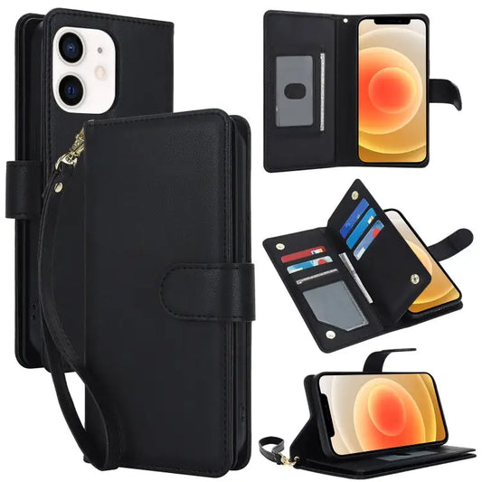 Multi-Card Wallet RFID Leather Phone Case - For iPhone 12 / 12 Pro / Black