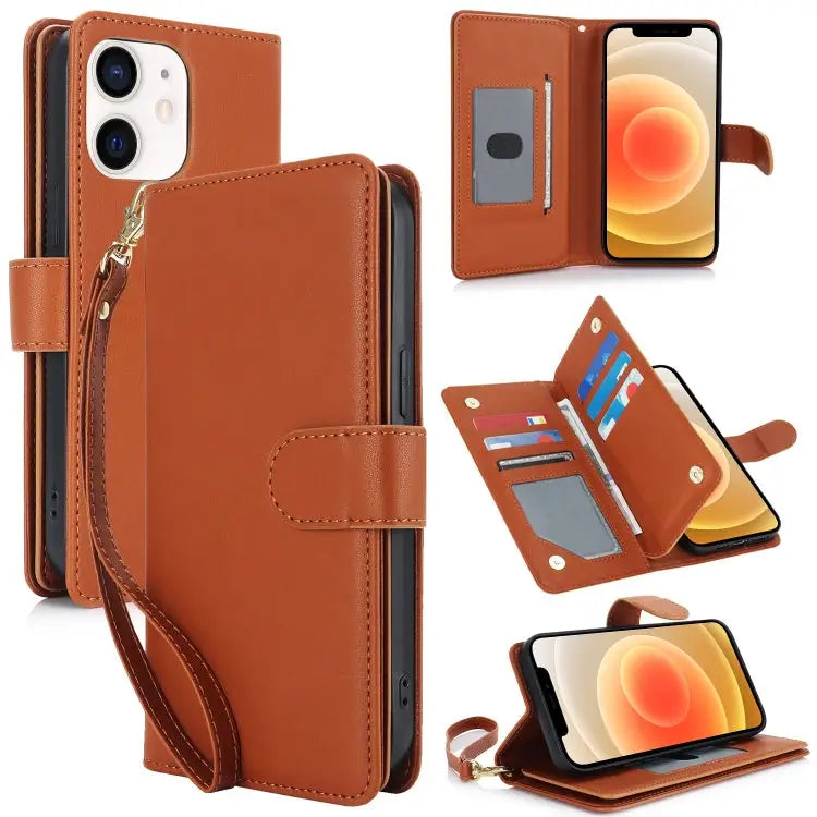 Multi-Card Wallet RFID Leather Phone Case - For iPhone 12 / 12 Pro / Brown