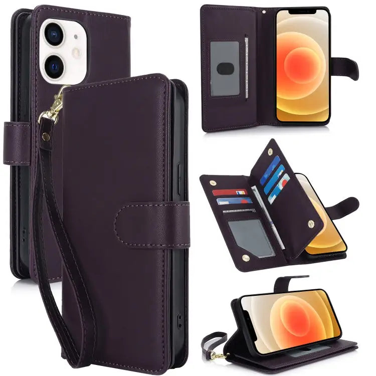 Multi-Card Wallet RFID Leather Phone Case - For iPhone 12 / 12 Pro / Dark Purple