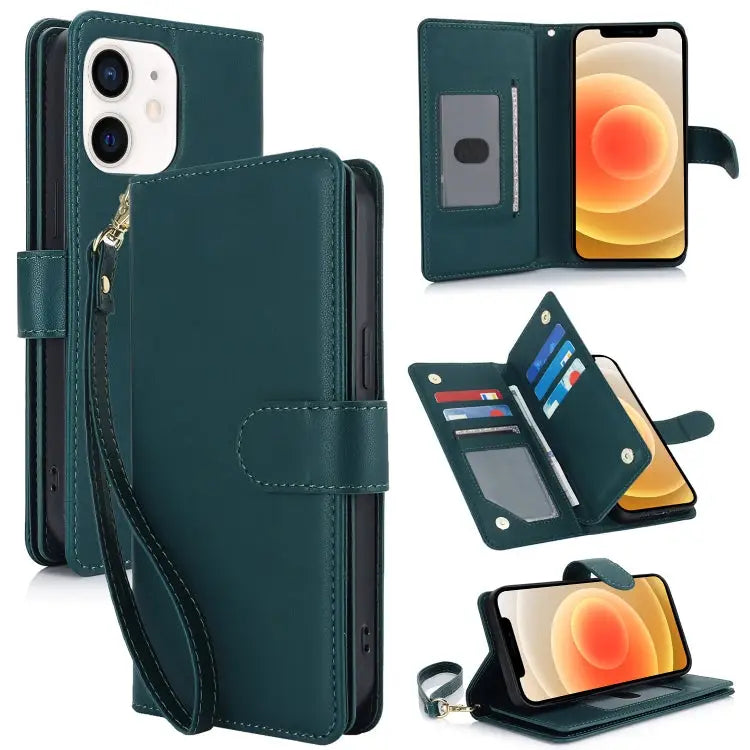 Multi-Card Wallet RFID Leather Phone Case - For iPhone 12 / 12 Pro / Green