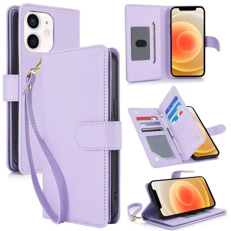 Multi-Card Wallet RFID Leather Phone Case - For iPhone 12 / 12 Pro / Light Purple