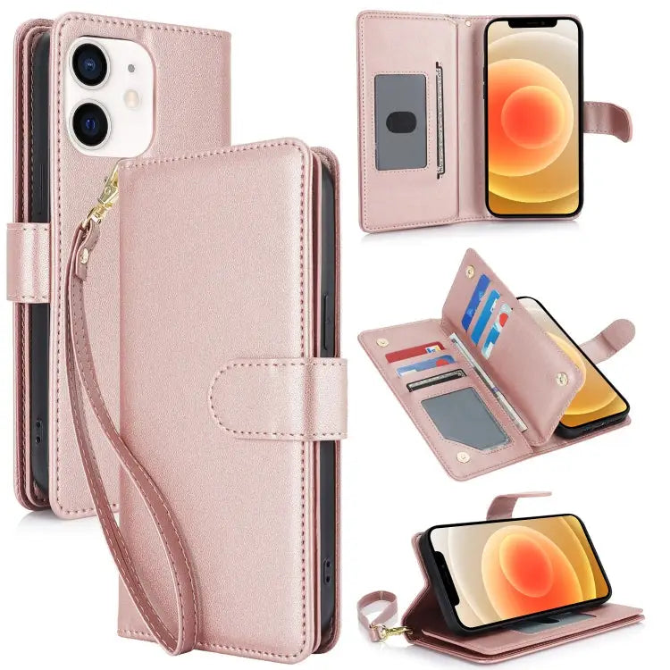 Multi-Card Wallet RFID Leather Phone Case - For iPhone 12 / 12 Pro / Rose Gold