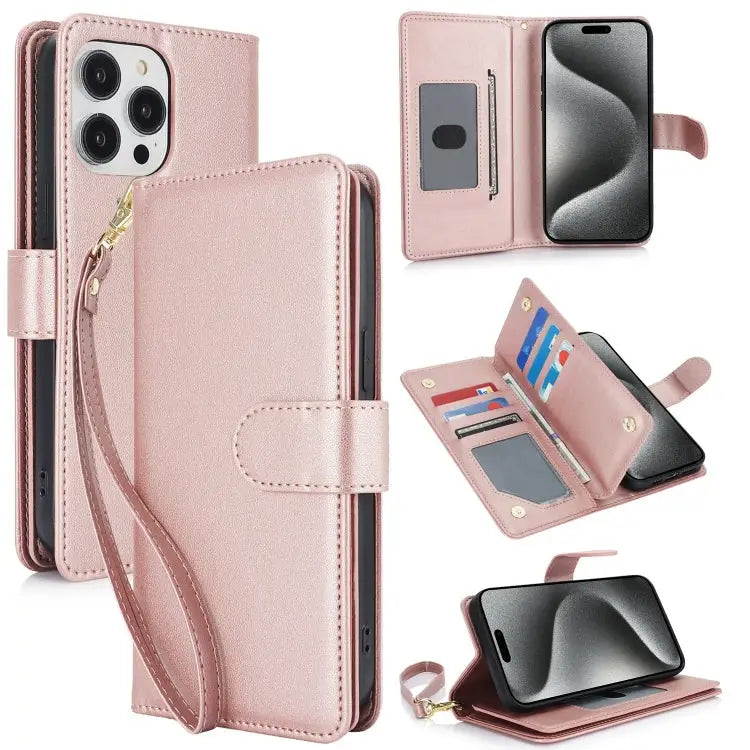 Multi-Card Wallet RFID Leather Phone Case For iPhone 15 Pro For iPhone 15 Plus For iPhone 15 - For iPhone 16 Pro / Rose