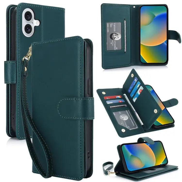 Multi-Card Wallet RFID Leather Phone Case For iPhone 15 Pro For iPhone 15 Plus For iPhone 15 - For iPhone 16 / Green