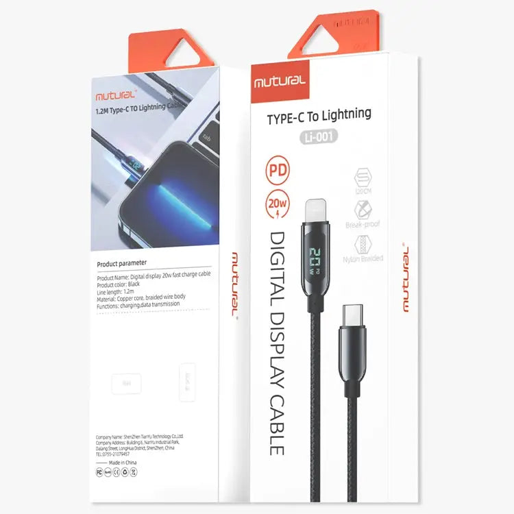 Mutural Li-CC001 1.2m PD20W Digital Display USB-C / Type-C to 8 Pin Charging Data Cable - Type-C to 8 Pin