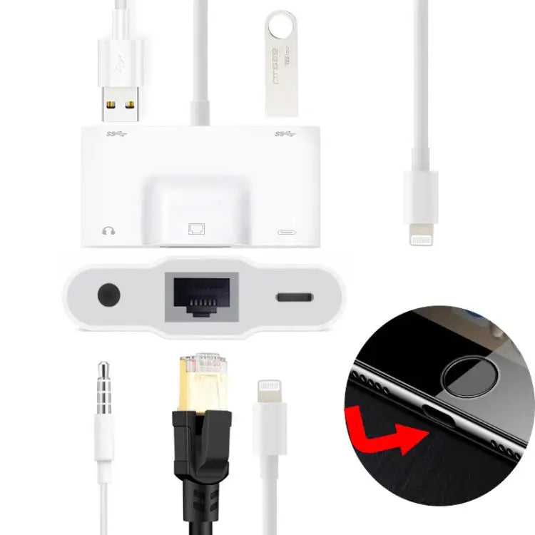 NK-1033 5 in 1 8 Pin Male to Dual USB + 3.5mm AUX + Ethernet + 8 Pin Power Female Adapter NK-1033 - NK-1033
