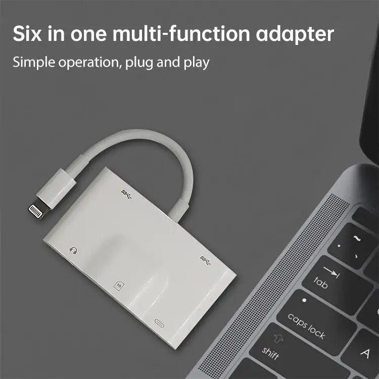 NK-1042 6 in 1 8 Pin Male to Dual USB + Dual SD Card + 3.5mm Audio Interface + 8 Pin Charging Interface Female Port