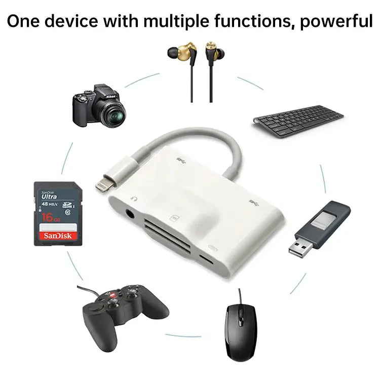 NK-1042 6 in 1 8 Pin Male to Dual USB + Dual SD Card + 3.5mm Audio Interface + 8 Pin Charging Interface Female Port