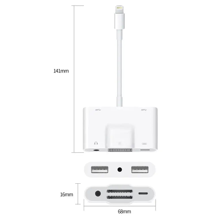 NK-1042 6 in 1 8 Pin Male to Dual USB + Dual SD Card + 3.5mm Audio Interface + 8 Pin Charging Interface Female Port