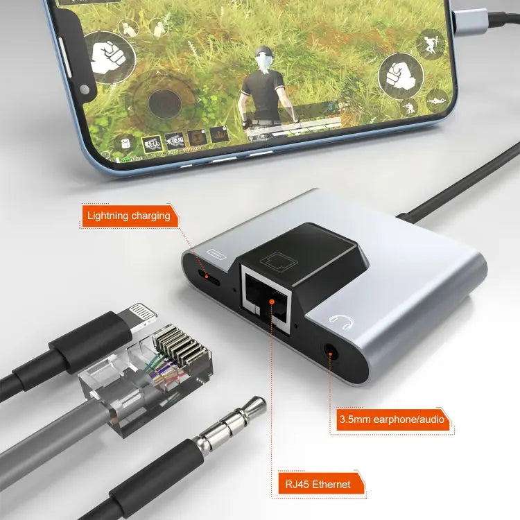 NK-1056 3 in 1 8 Pin Male to 8 Pin Charging + RJ45 Ethernet + 3.5mm Earphone Female Adapter NK-1056 - NK-1056