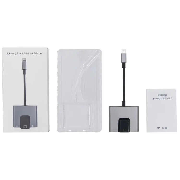 NK-1056 3 in 1 8 Pin Male to 8 Pin Charging + RJ45 Ethernet + 3.5mm Earphone Female Adapter NK-1056 - NK-1056