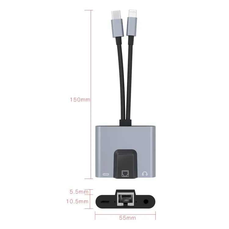 NK-1056Pro 3 in 1 8 Pin + USB-C / Type-C Male to 8 Pin Charging + Ethernet + 3.5mm Earphone Female Adapter NK-1056Pro