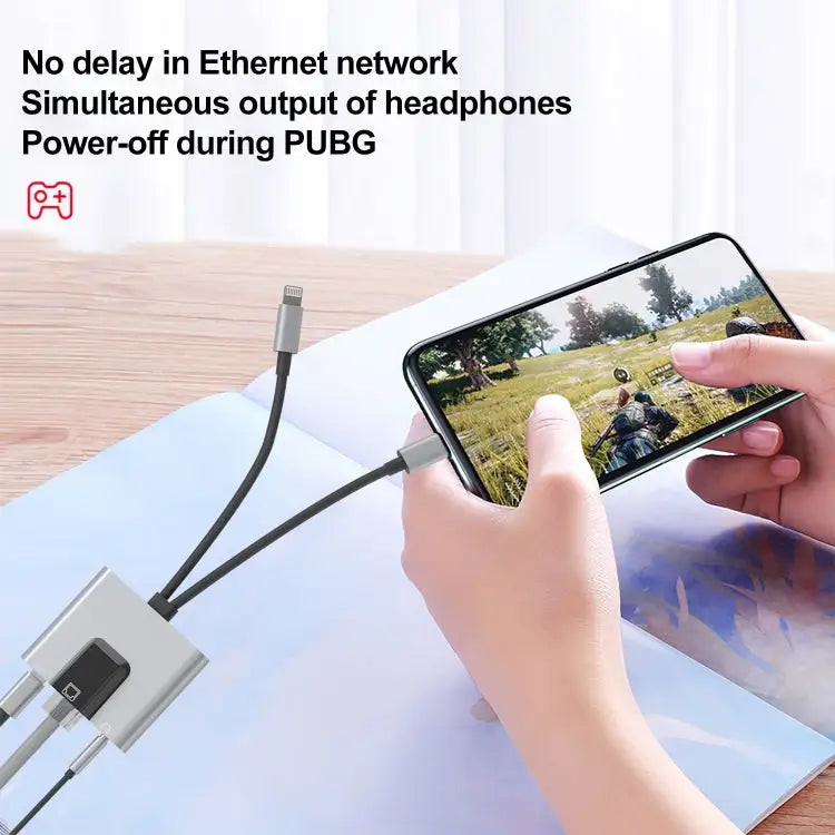 NK-1056Pro 3 in 1 8 Pin + USB-C / Type-C Male to 8 Pin Charging + Ethernet + 3.5mm Earphone Female Adapter NK-1056Pro