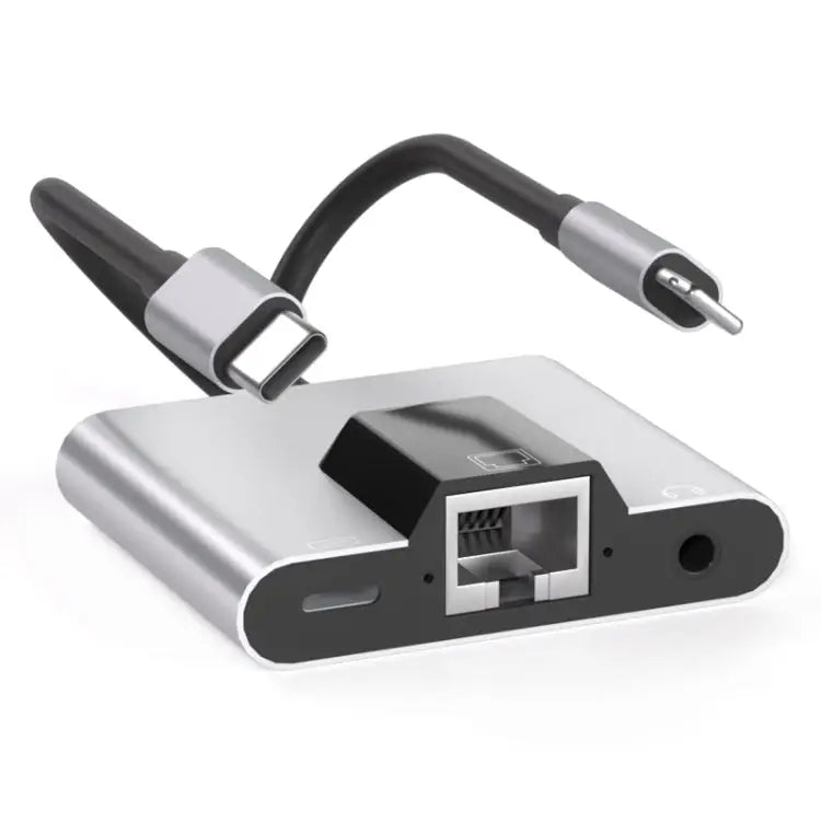 NK-1056Pro 3 in 1 8 Pin + USB-C / Type-C Male to 8 Pin Charging + Ethernet + 3.5mm Earphone Female Adapter NK-1056Pro
