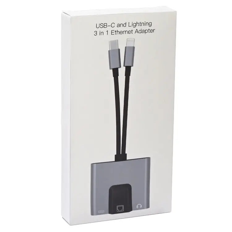 NK-1056Pro 3 in 1 8 Pin + USB-C / Type-C Male to 8 Pin Charging + Ethernet + 3.5mm Earphone Female Adapter NK-1056Pro