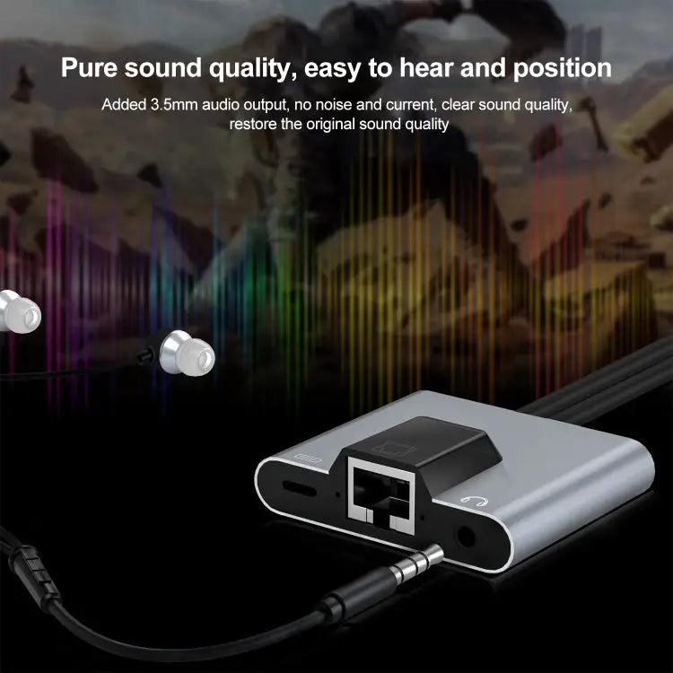 NK-1056Pro 3 in 1 8 Pin + USB-C / Type-C Male to 8 Pin Charging + Ethernet + 3.5mm Earphone Female Adapter NK-1056Pro