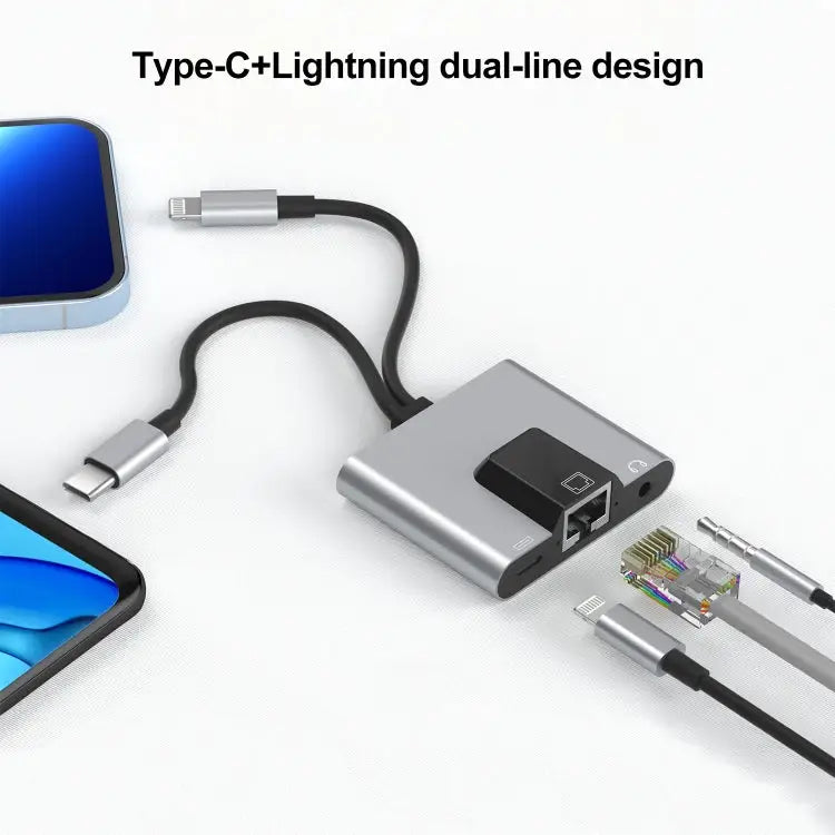 NK-1056Pro 3 in 1 8 Pin + USB-C / Type-C Male to 8 Pin Charging + Ethernet + 3.5mm Earphone Female Adapter NK-1056Pro