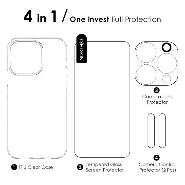 NORTHJO 4 in 1 TPU Phone Case with Screen Film and Lens Film and Camera Control Button Cover - Apple Accessories