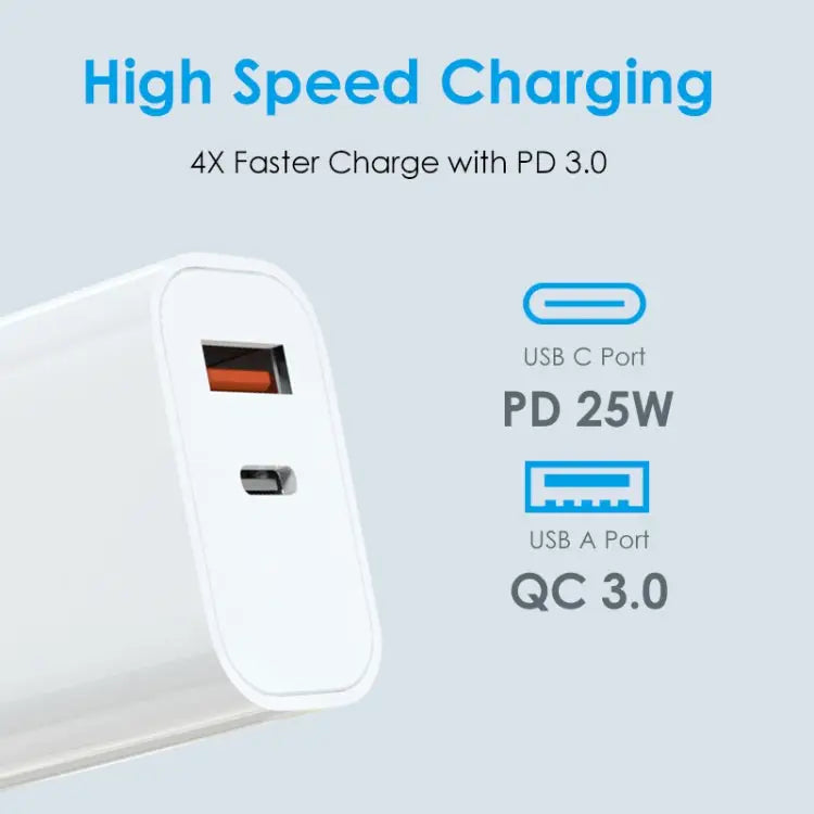 NORTHJO NOPD2502 PD 25W USB-C/Type-C + QC 3.0 USB Dual Ports Fast Charger US Plug EU Plug UK Plug AU Plug - Apple