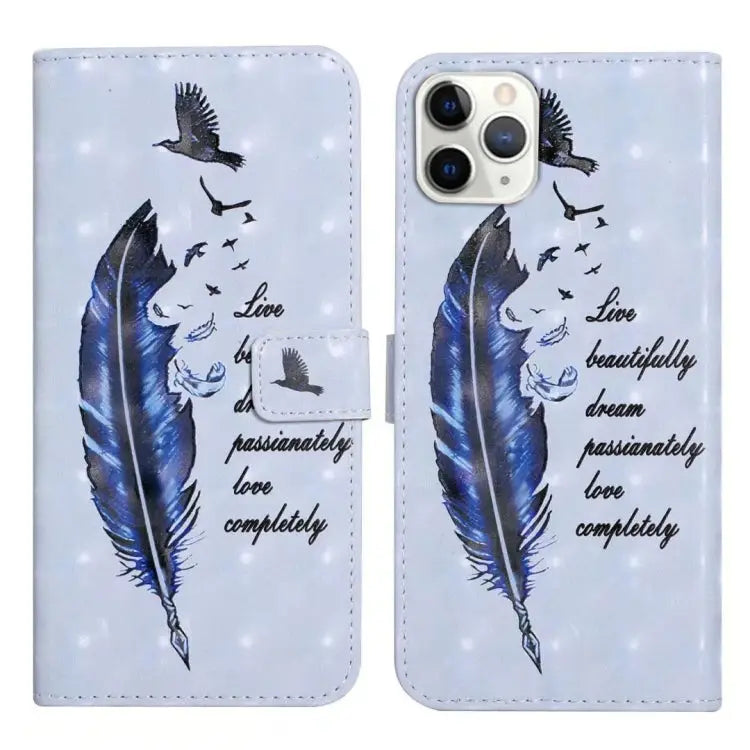 Oil Embossed 3D Drawing Leather Phone Case For iPhone 11 Pro For iPhone X / XS - For iPhone 11 Pro / Blue Feather