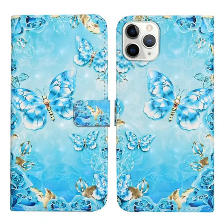Oil Embossed 3D Drawing Leather Phone Case For iPhone 11 Pro For iPhone X / XS - For iPhone 11 Pro / Blue Butterflies