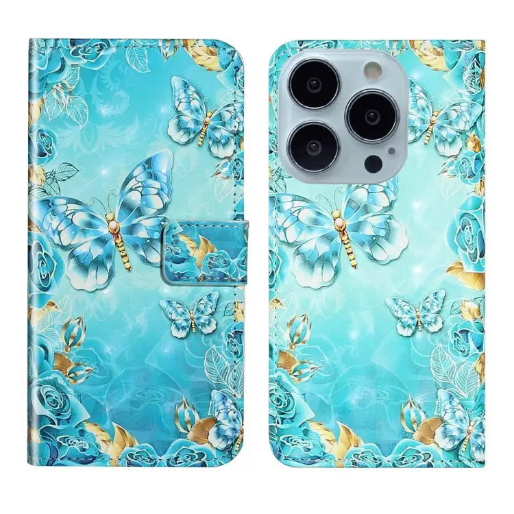 Oil Embossed 3D Drawing Leather Phone Case For iPhone 13 Pro For iPhone 13 - For iPhone 13 Pro / Blue Butterflies