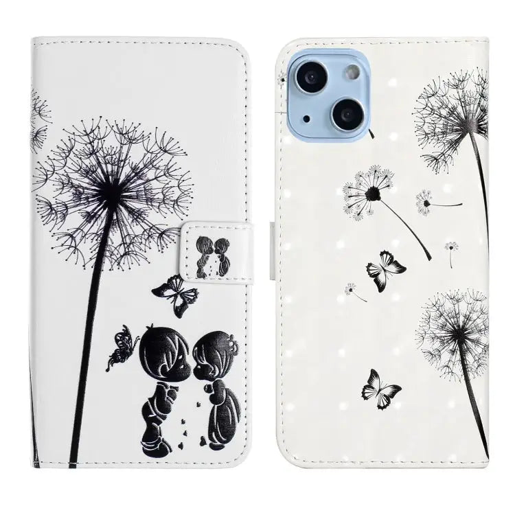 Oil Embossed 3D Drawing Leather Phone Case For iPhone 15 Plus For iPhone 15 - For iPhone 15 Plus / Couple Dandelion