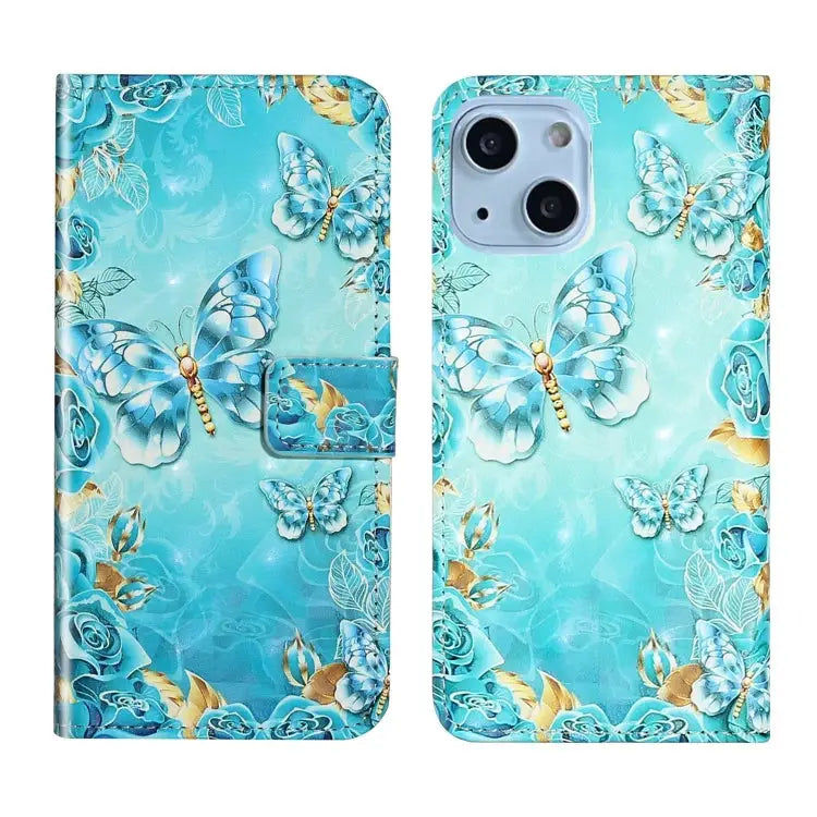 Oil Embossed 3D Drawing Leather Phone Case For iPhone 15 Plus For iPhone 15 - For iPhone 15 / Blue Butterflies - Apple
