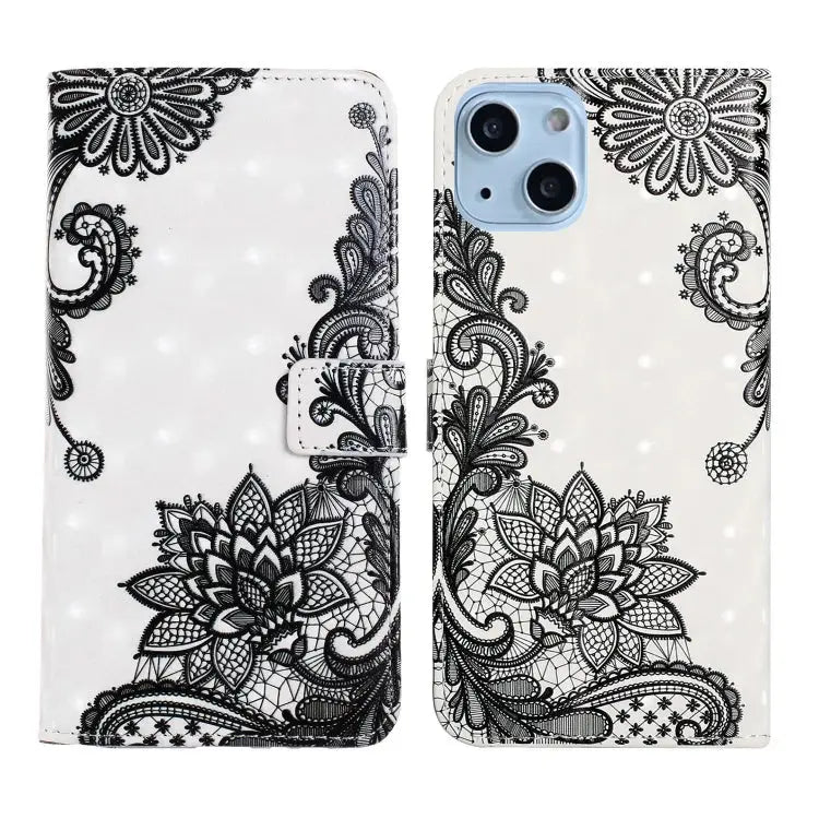 Oil Embossed 3D Drawing Leather Phone Case For iPhone 15 Plus For iPhone 15 - For iPhone 15 Plus / Lace Flower - Apple