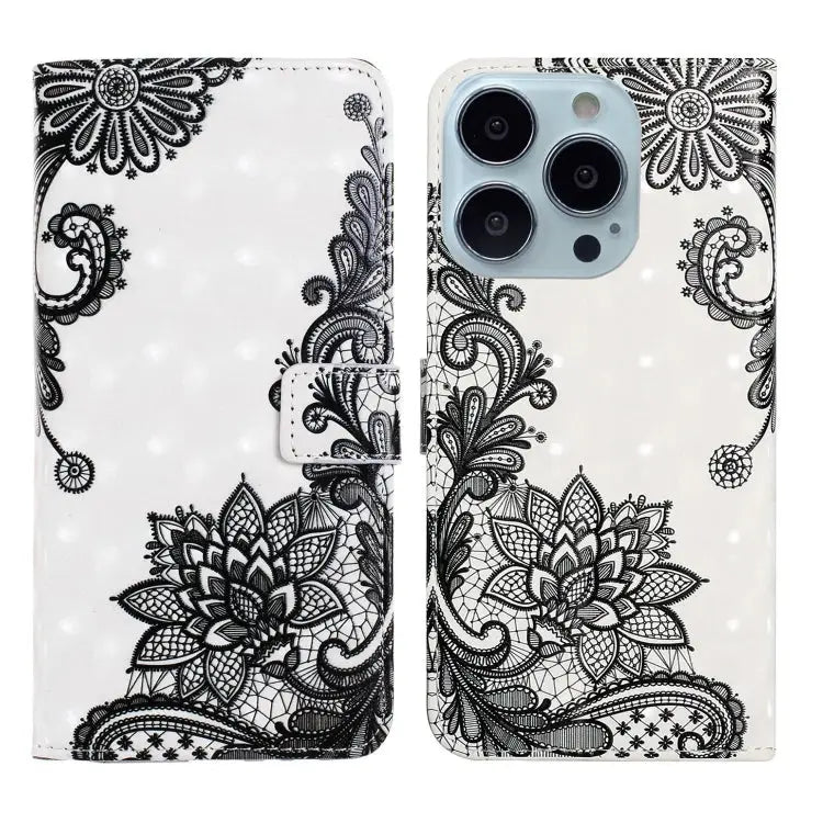 Oil Embossed 3D Drawing Leather Phone Case For iPhone 15 Pro Max For iPhone 15 Pro - For iPhone 15 Pro Max / Lace