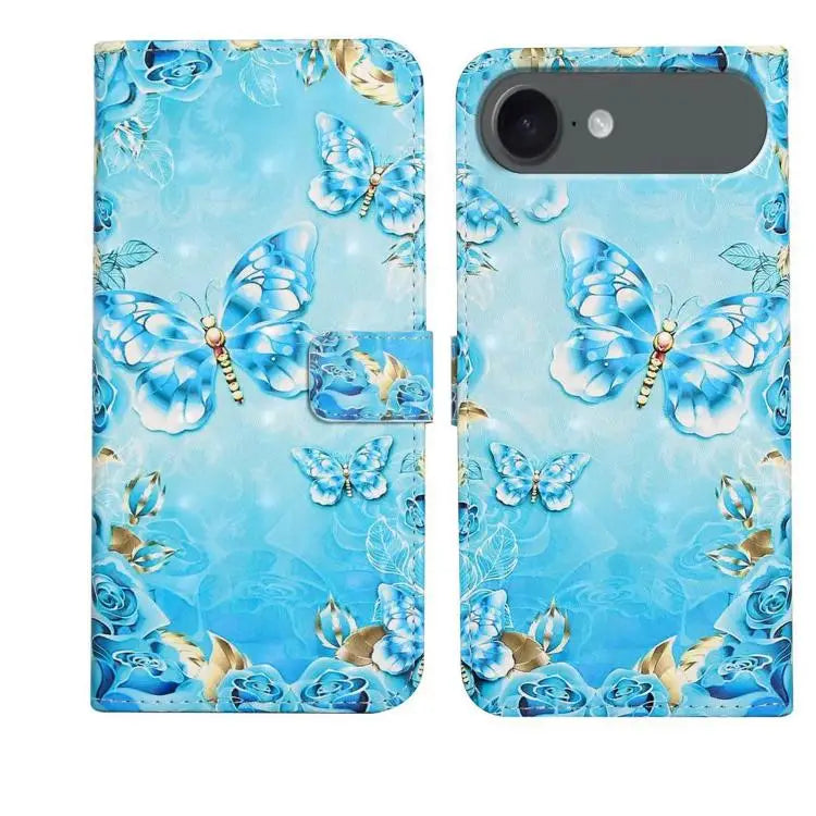 Oil Embossed 3D Drawing Leather Phone Case For iPhone 17 For iPhone 17 Air - For iPhone Air / Blue Butterflies - Apple